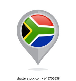 Icon pin illustration with South Africa country flag stylized in the circle