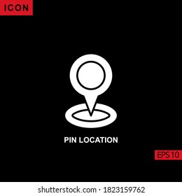 Icon pin location flat, isolated vector sign, linear style pictogram isolated on black. Sign or symbol for contact us.
