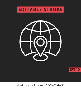 Icon Pin Position mit Globe Web-Linie, Umriss Vektorillustration Zeichen, lineares Piktogramm einzeln auf Schwarz. Unterschreiben oder Symbol, Bearbeitbarer Stroke.