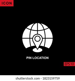 Icon pin location world flat, isolated vector sign, linear style pictogram isolated on black. Sign or symbol for contact us.