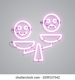 Icon of pink neon sign of positive and negative emoticons on scales. Advantage, motivation, mood. Emotion concept. Can be used for application icons, posters, web design
