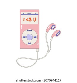 El icono de un jugador rosa con auriculares. Nostalgia por los 2000 años. Estilo Y2k. Ilustración simple de vector lineal plana aislada en un fondo blanco.