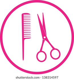 icon with pink scissors and comb on white background