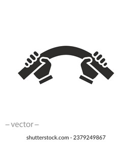 icon of pipe bend in hands, tube bending, flat symbol on white background - vector illustration