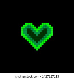 Icon pixel heart, which glow bright neon light on a dark background. Design element for the Valentines Day banner, poster, flyer. Old school computer graphic style. Games elements.