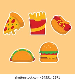 icon pizza, french fries, hot dog, taco, burger delicious fast food and drink vector illustration sticker concept.premium vector illustration