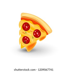 Icon of Pizza with Sausage. Vector Illustration of Slice of Pizza in Cartoon Style. Isolated Icon on White Field. Concept of Tasty Fresh Fast Food. Fragrant Snack with Melted Cheese and Sausage.