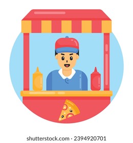 An icon of pizza stall in flat design 