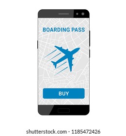 Icon plane on the screen of a smartphone for booking a boarding pass to travel. Flat design. Vector illustration