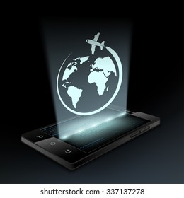 Icon plane on the screen smartphone. Hologram. Stock vector illustration.