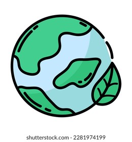 Icon. Planet Earth. Green leaf. Linear style. Modern flat. Ecology. Clean planet.