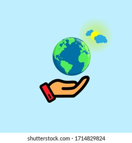 
Icon of a planet lit by the sun with clouds in hand. color vector isolated on light blue background. Protection of Nature. Isolated flat style. EPS 10