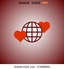 Icon planet and two red hearts. Symbol of love between the nation. Globe. icon. vector design