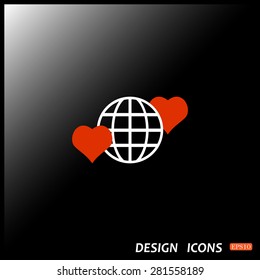 Icon planet and two red hearts. Symbol of love between the nation. Globe. icon. vector design