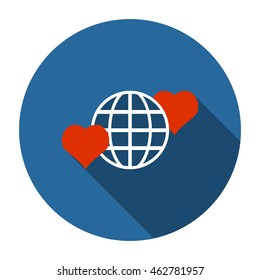 Icon planet and two red hearts. Symbol of love between the nation. Globe icon flat design style