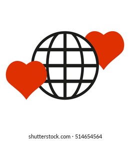 Icon planet and two red hearts