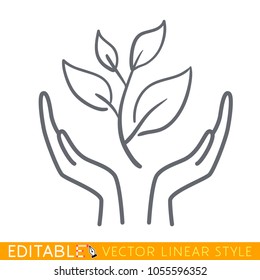Icon Plant growing on open hands palms. Editable line sketch icon. Stock vector illustration.