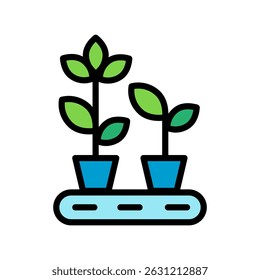 Icon of a plant seedling in a pot on a conveyor belt, representing modern agricultural production, automation, agritech industry, smart farming, and sustainable food technology.