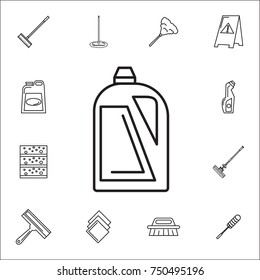 Icon of plastic bottle of liquid laundry detergent. Set of cleaning tools icons on white background