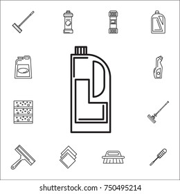 Icon of plastic bottle of liquid laundry detergent. Set of cleaning tools icons on white background