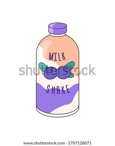 Icon of plastic bottle of milkshake with berries. Milk shake package with fruit flavor. Liquid yogurt, dairy product. Full container of drink. Flat isolated vector illustration on white background