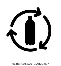 Icon of a plastic bottle (PET) with arrows. Symbol of plastic recycling or ecology. Packaging for water, soda or beer.