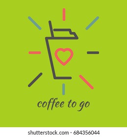 Icon plastic cup with coffee to go. Logo coffee with rays. Vector illustration