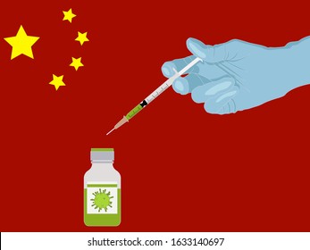 Icon plastic medical syringe in hand with a needle and a bottle in a flat style, the concept of vaccination, injection. vector illustration. China is fighting the outbreak of coronavirus. nC0V syringe