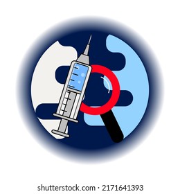 Icon plastic medical syringe with magnifying glass, flat minimalism style. 