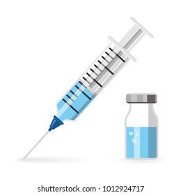 Icon plastic medical syringe with needle and vial in flat style, concept of vaccination, injection. Isolated vector illustration