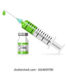 Icon plastic medical syringe with needle, drop and vial in flat style. Concept of vaccination, injection. Isolated vector illustration