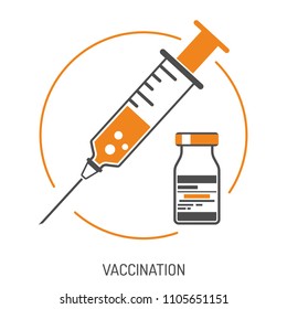Icon plastic medical syringe with needle and vial in flat style, concept of vaccination, injection, isolated vector illustration