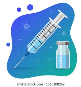 icon plastic medical syringe with needle and vial in flat style, concept of vaccination, injection, isolated vector illustration