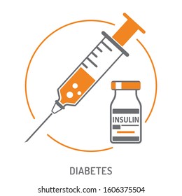 Icon plastic medical syringe with needle and vial insulin in flat style, concept of vaccination, injection, diabetes. isolated vector illustration