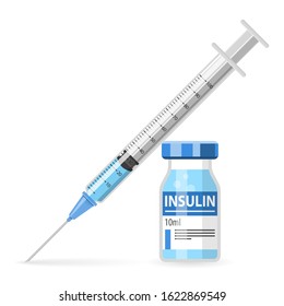 Icon plastic medical syringe with needle and insulin vial in flat style, concept of vaccination, injection, diabetes. isolated vector illustration