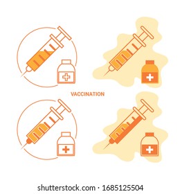 Icon plastic medical syringe with needle and vial in flat style, concept of vaccination, injection, isolated vector illustration