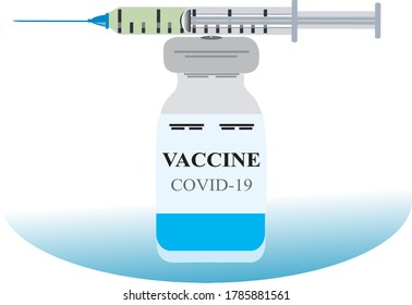 Icon plastic medical syringe with needle, drop and vial in flat Vaccine, Only vaccine effective treatment for coronavirus. Vaccine, vector, design, injection syringe vector element