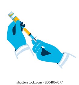 Icon plastic medical syringe with needle and vial, vaccination concept, injection, isolated vector illustration. Doctor, nurse, scientist, researcher hand in blue gloves holding  coronavirus, covid-19