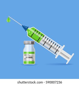 icon plastic medical syringe with needle, drop and vial in flat style, concept of vaccination, injection. Isolated vector illustration.