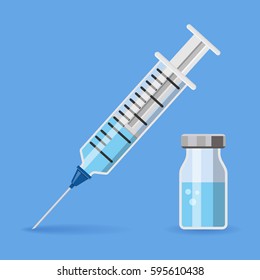 icon plastic medical syringe with needle and vial in flat style, concept of vaccination, injection. Isolated vector illustration