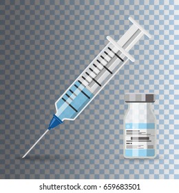 icon plastic medical syringe with needle and vial in flat style, concept of vaccination, injection, vector illustration on transparent background
