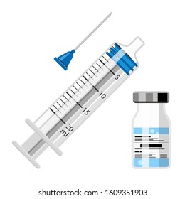 Icon plastic medical syringe. parts with needle, plunger, scale, vial in flat style. concept of vaccination, injection, diabetes. isolated vector illustration