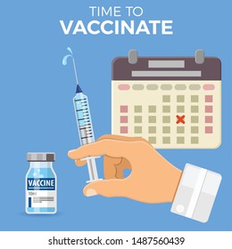 icon plastic medical syringe with vial vaccine, needle and drop in doctor hand. flat style icon. concept vaccination, injection, flu shot. isolated vector illustration