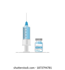 Icon of a plastic syringe with a needle and a bottle with Covid 19 vaccine. Vaccination and injection concept. Coronavirus epidemic. Isolated vector illustration.