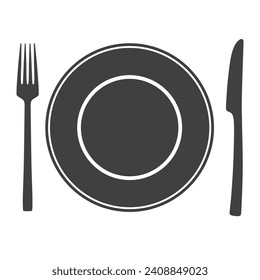 Icon of plate with fork and knife, symbol, sign isolated on white background. Vector illustration.