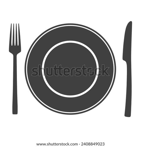 Icon of plate with fork and knife, symbol, sign isolated on white background. Vector illustration.