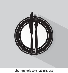 icon. A plate, a knife and a fork on a gray background with a shadow