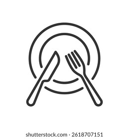 Icon of a plate, knife, and fork, perfect for illustrating dining or food-related concepts. Minimalist design for use in various applications