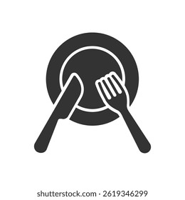 Icon of a plate, knife, and fork, perfect for illustrating dining or food-related concepts. Minimalist design for use in various applications