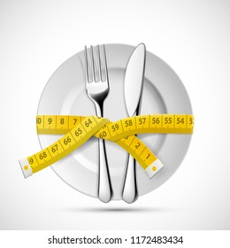 Icon plate with knife, fork and tailoring measuring tape. Dieting and healthy lifestyle. Stock vector illustration.